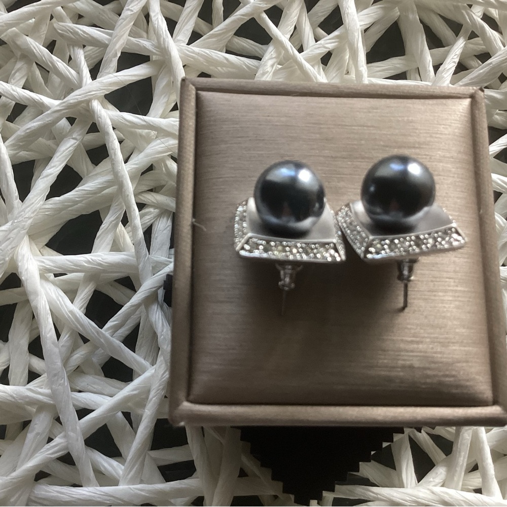 Sterling Silver Black Pearl Drop Earrings with Pave Accents - Picture 3 of 6